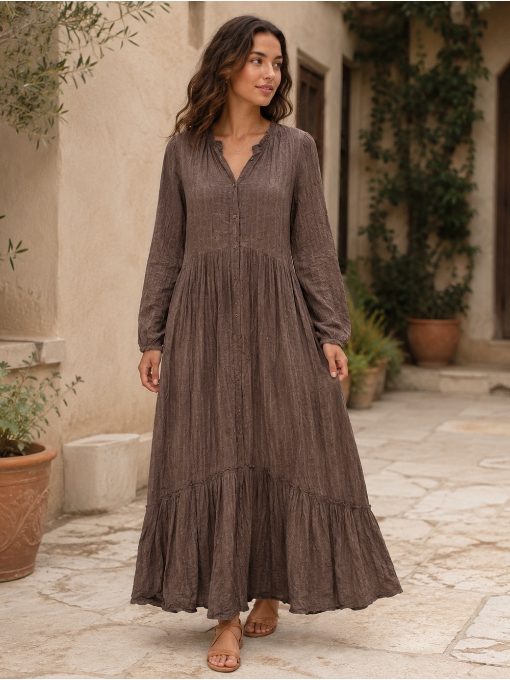 lovestitch Brown Long Sleeve Tiered Maxi Dress